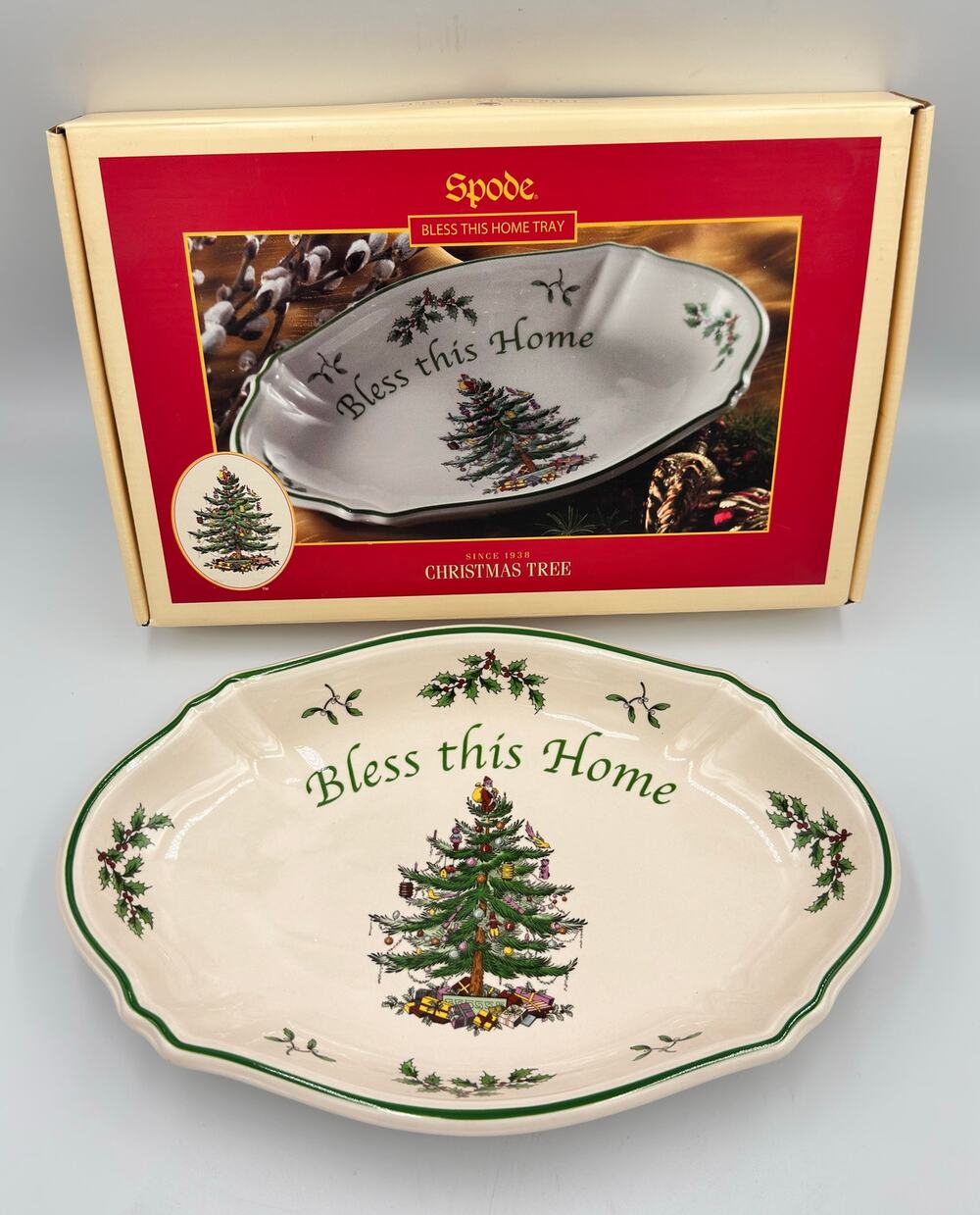 SPODE Serving Tray Oval Dish Christmas Tree Bless this Home Holly  11" X 7" NIB